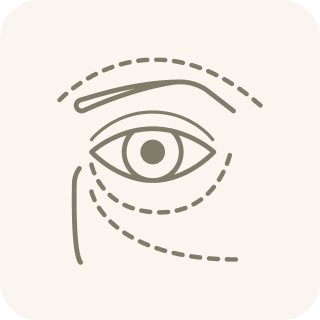 A stylized icon of an eye with dashed lines drawn around it, indicating plastic surgery.