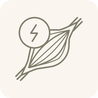 Line art icon of a muscle with a lightning bolt symbol in a circle over it.