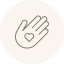 Outlined hand with a heart symbol on palm inside a circular border.