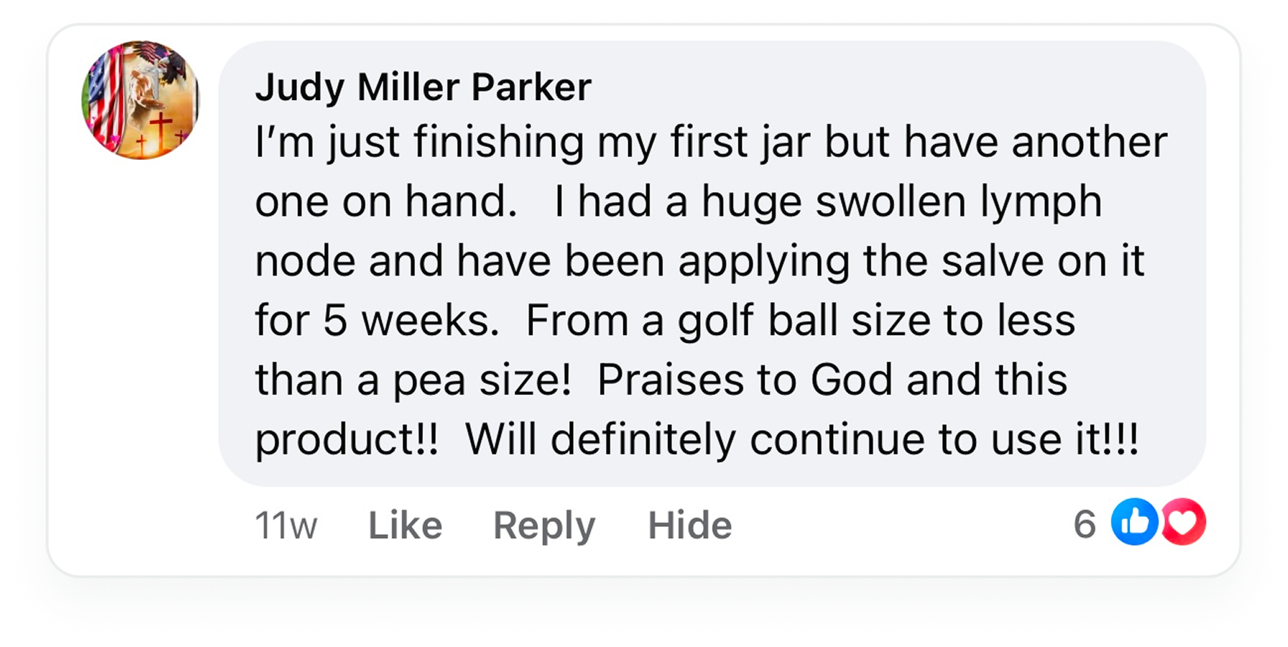 A screenshot of a Facebook comment from Judy Miller Parker praising a product for a swollen lymph node.