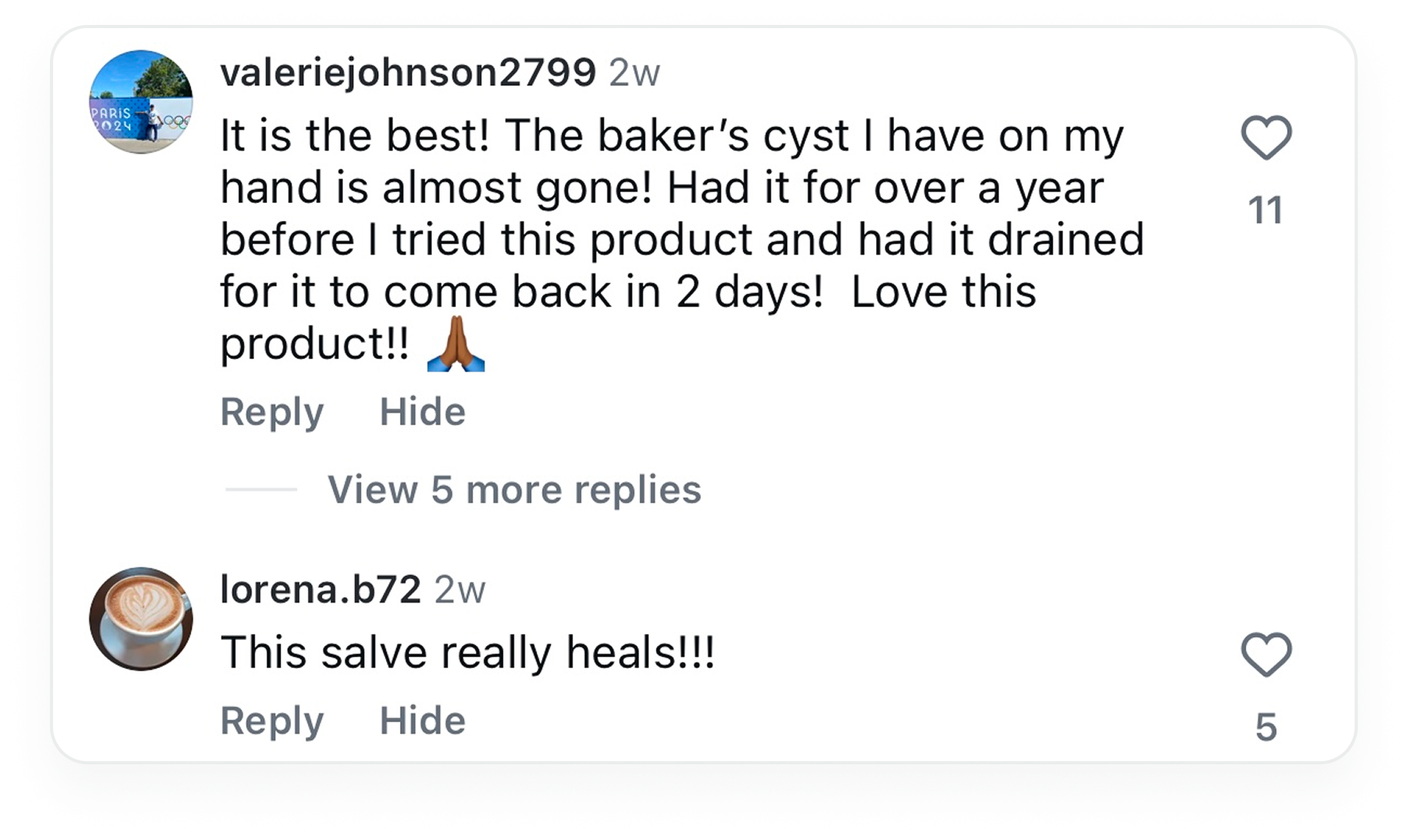 A screenshot of two positive social media comments from customers praising a product for its healing effects.