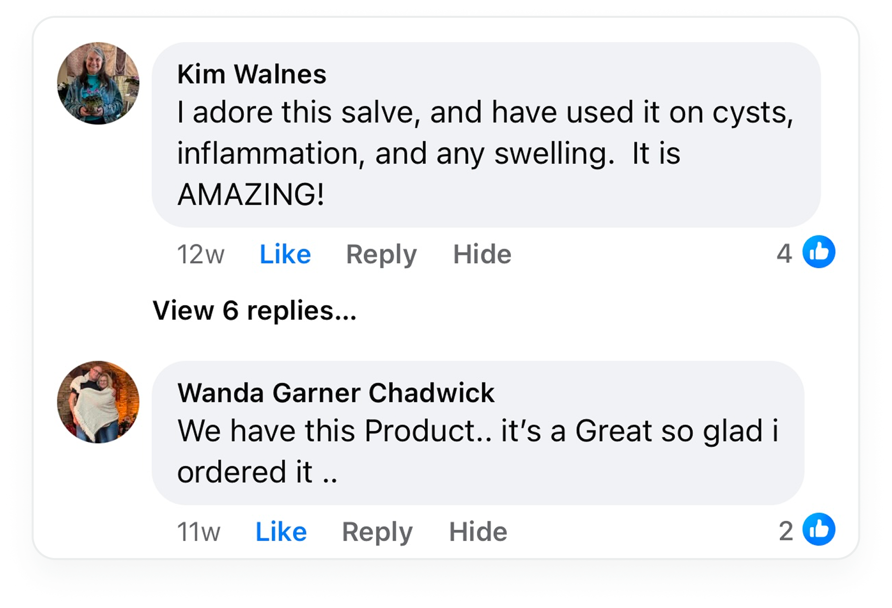 A screenshot of two glowing customer reviews for a product from a social media platform.