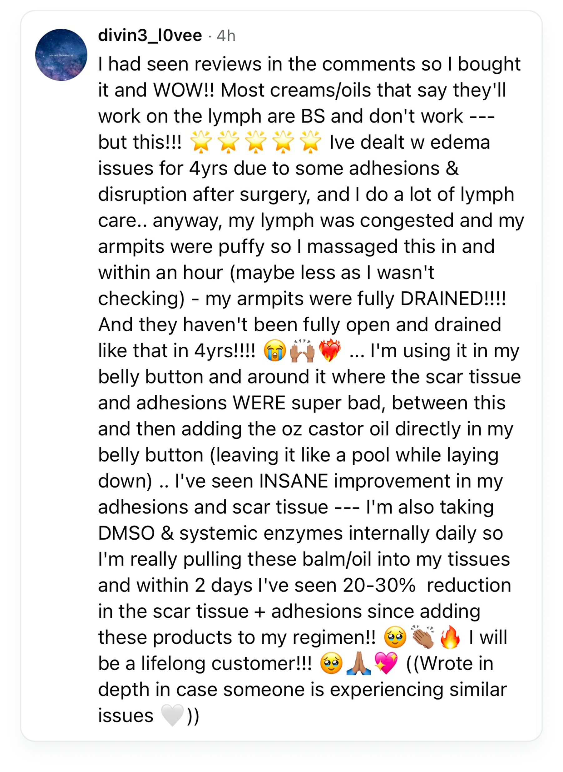 A screenshot of a lengthy, positive product review posted on social media by a user.