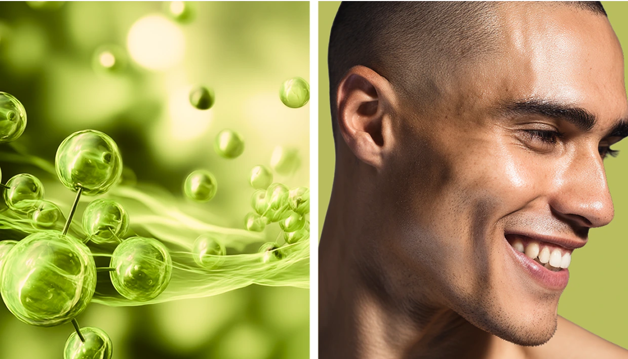 Green abstract spheres and close-up of a smiling man's face.
