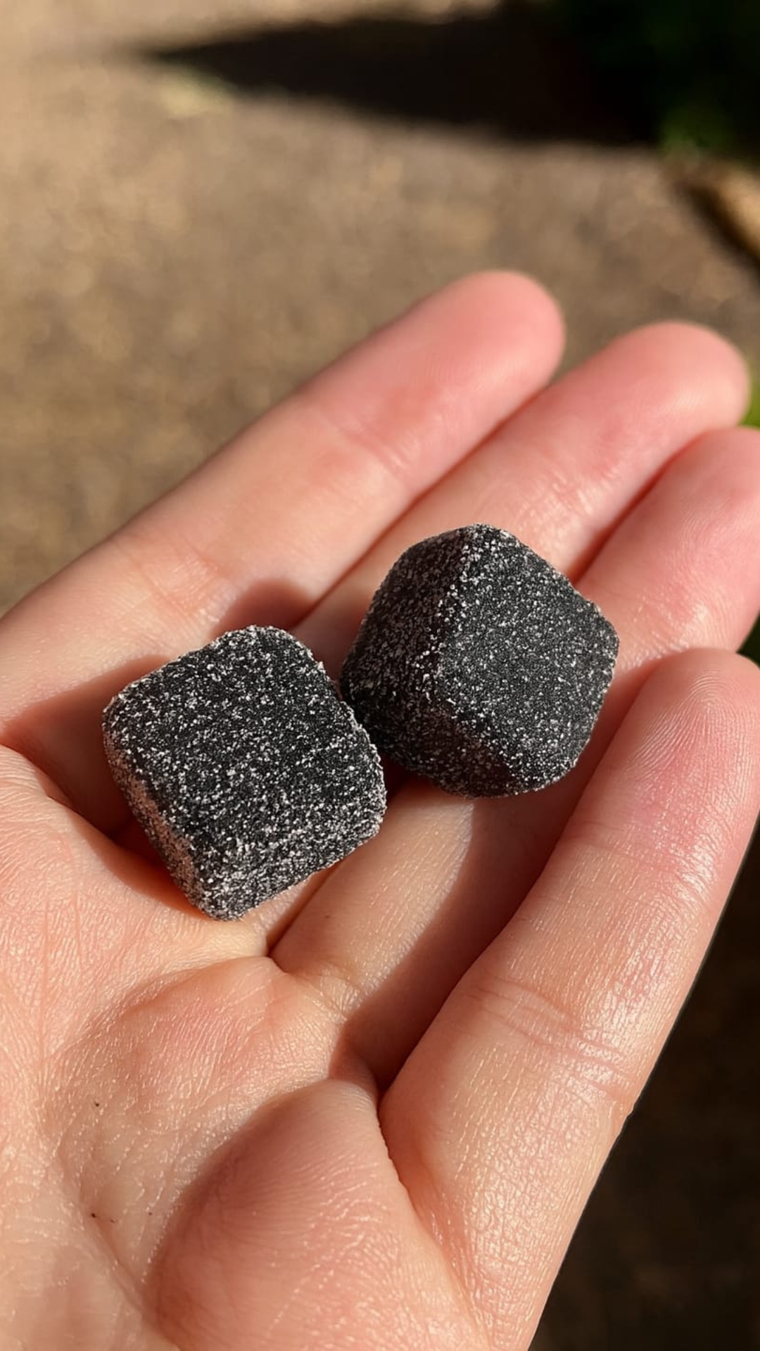 Hand holding two black sugar-coated cubes.