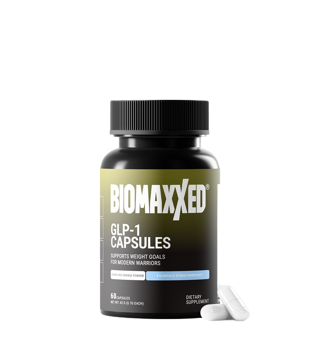 Bottle of Biomaxxed GLP-1 capsules with two capsules beside it.