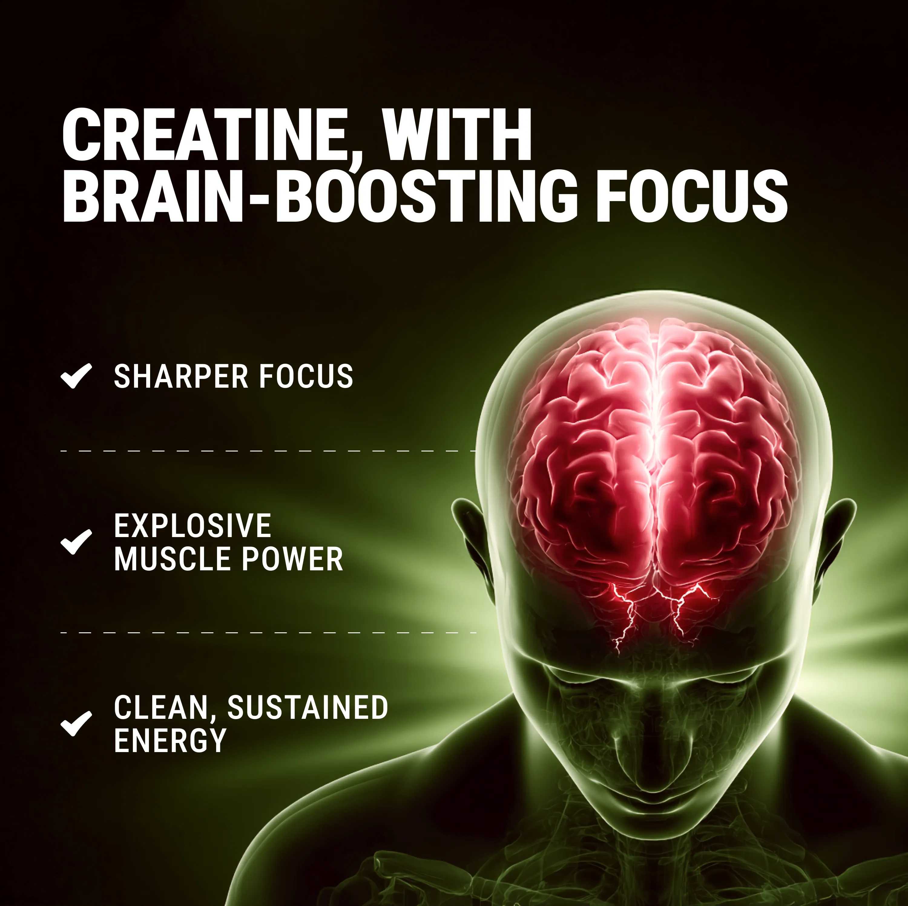Illustration of a brain with text about creatine's benefits: focus, muscle power, energy.