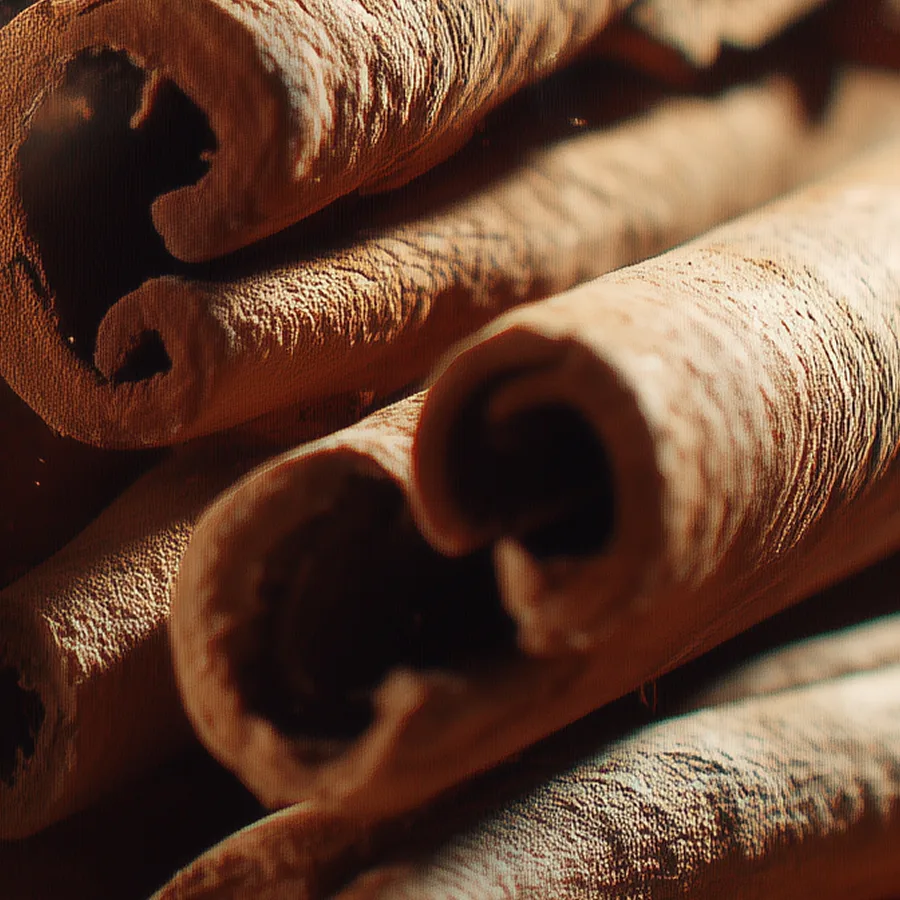 Close-up of several curled cinnamon sticks.