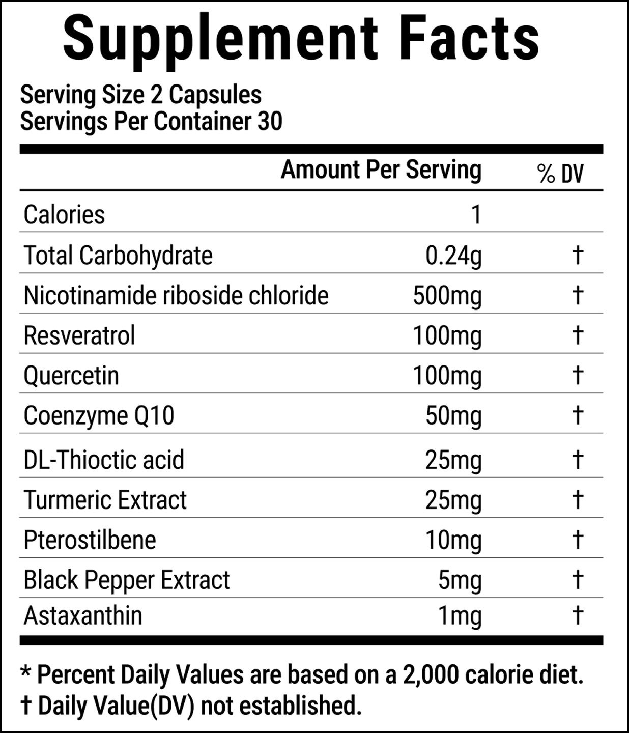 Supplement Facts label with ingredients and amounts per serving.