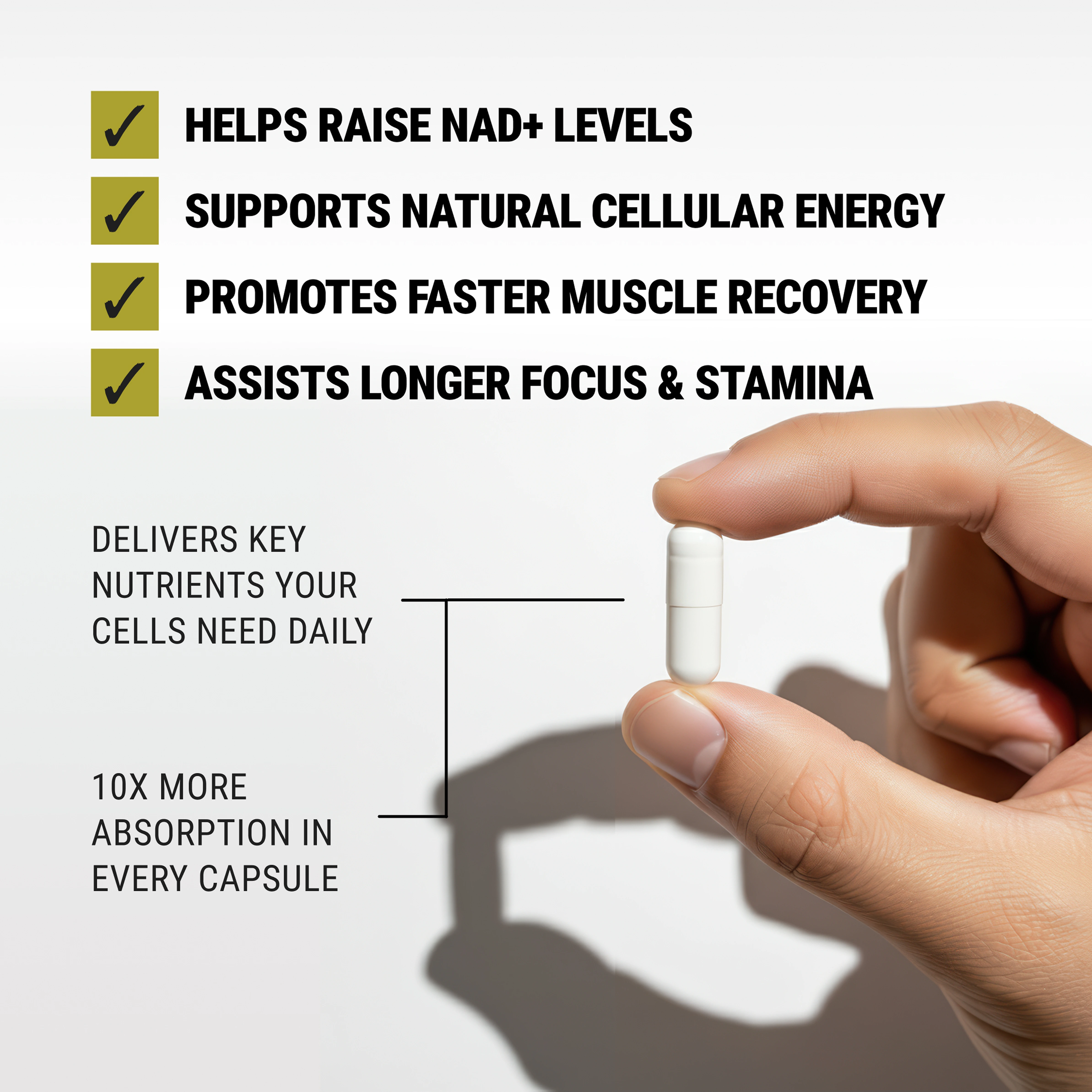 Hand holding a capsule with benefits text on the left.
