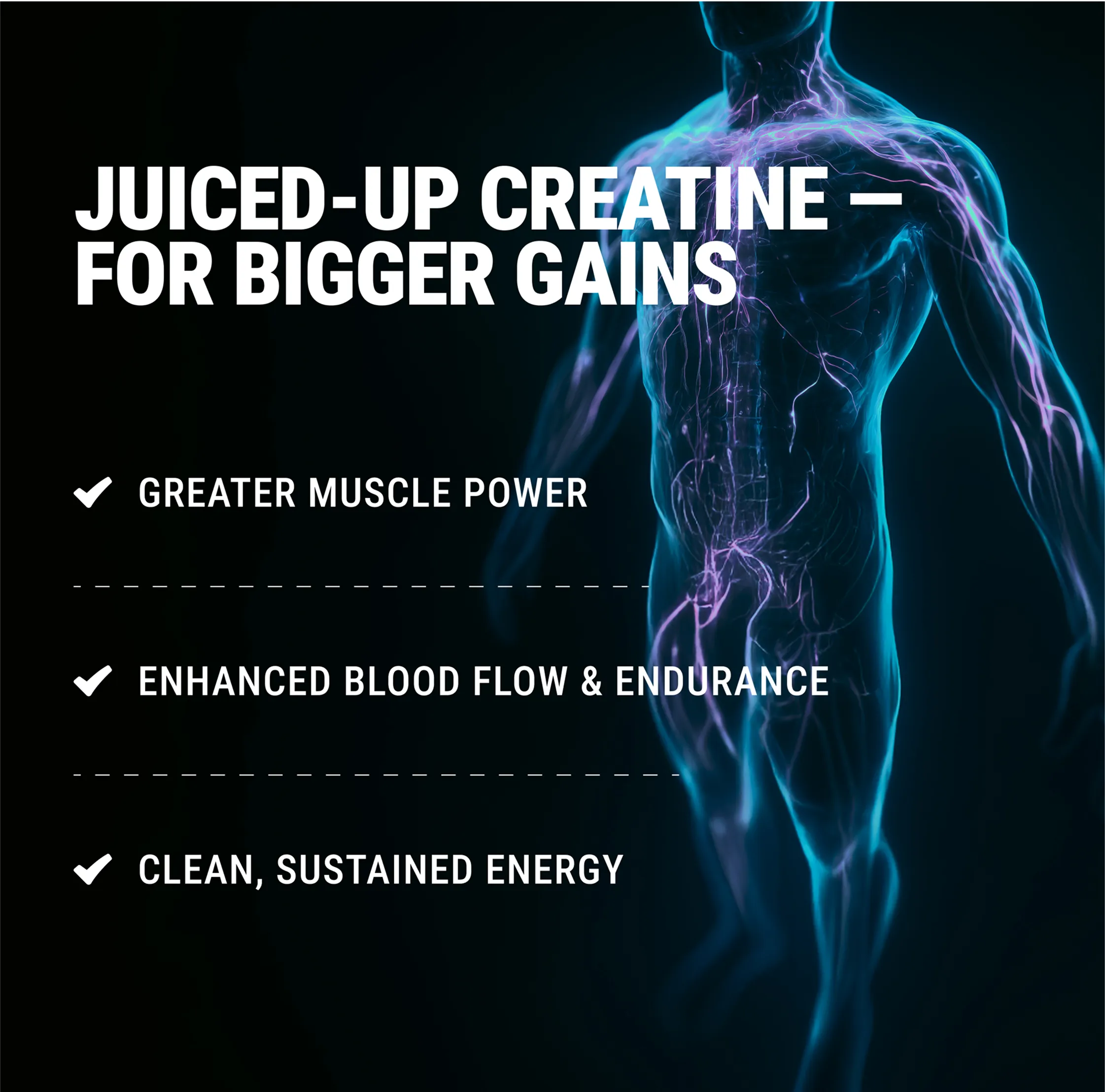 Illustration of a person with text about creatine benefits for muscle and energy.