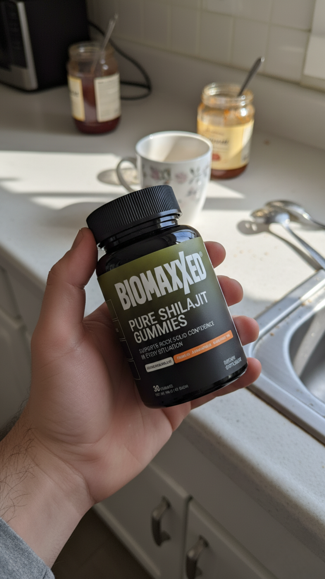 Hand holding a bottle of BIOMAXXED Pure Shilajit Gummies in a kitchen setting.