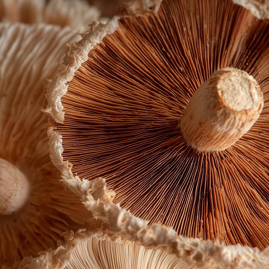 Close-up of mushroom gills and stem in brown tones.
