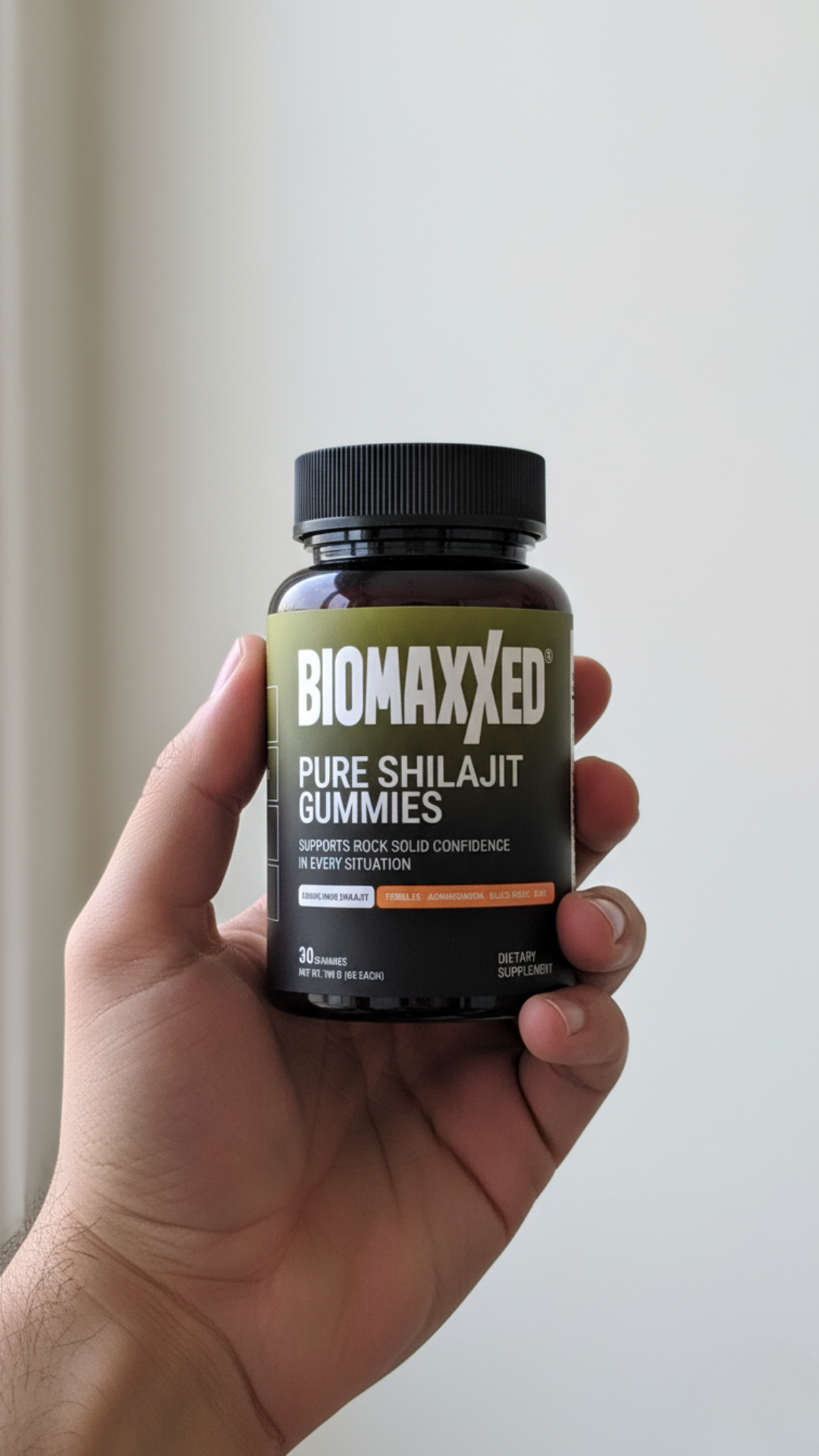 Hand holding a bottle of Biomaxxed Pure Shilajit Gummies.
