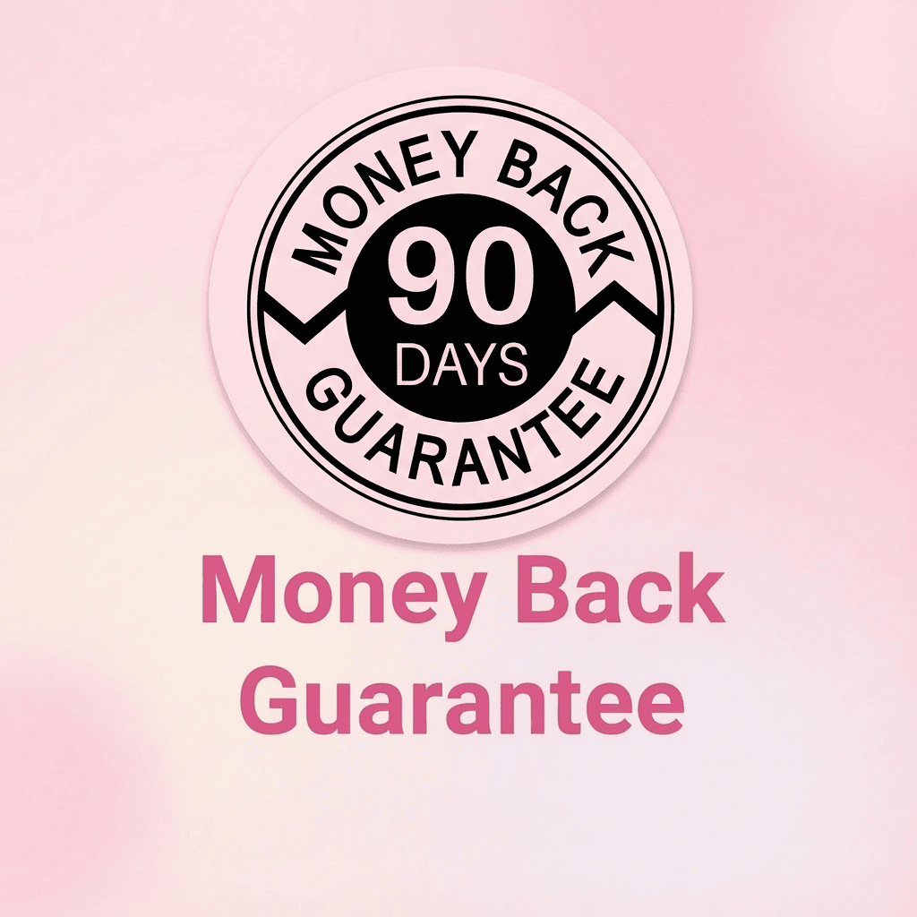 A graphic on a pink background with a 'Money Back 90 Days Guarantee' seal and matching text.