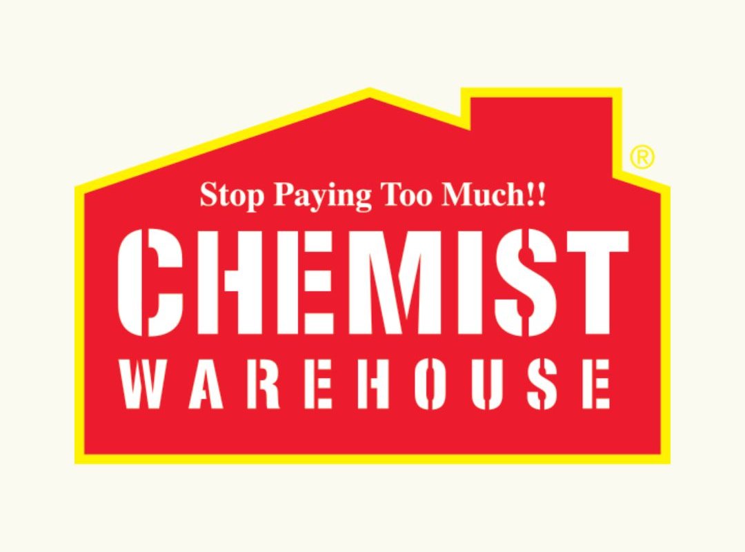 Red and yellow logo with text 'Chemist Warehouse' and 'Stop Paying Too Much!!'