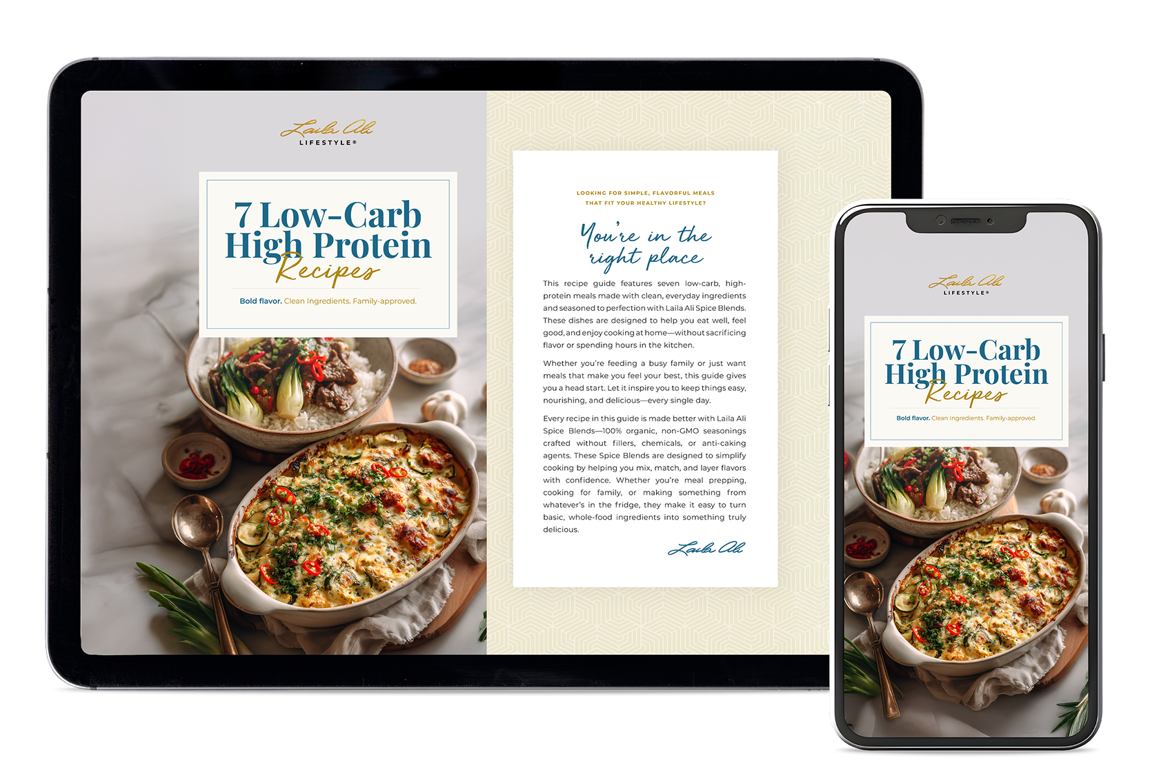Tablet and phone displaying a recipe guide with dishes and text.