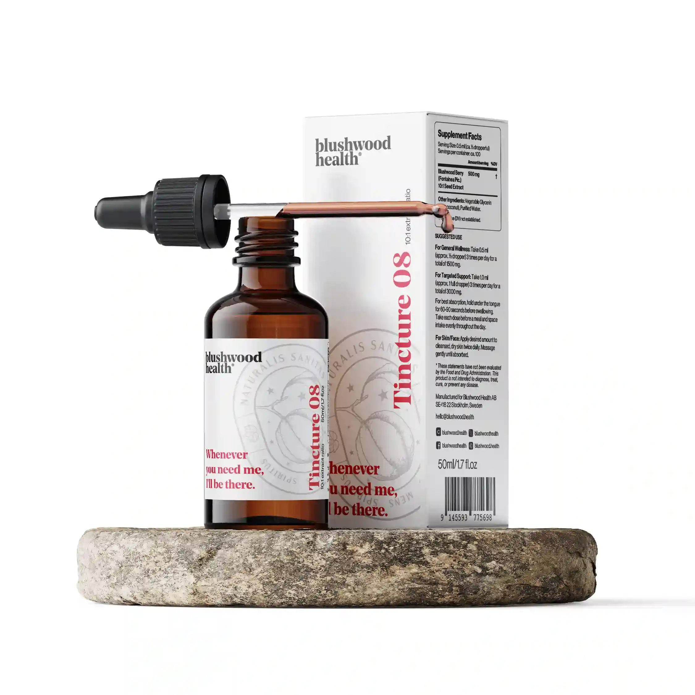 Brown glass dropper bottle labeled 'Tincture 08' with box on a stone platform.