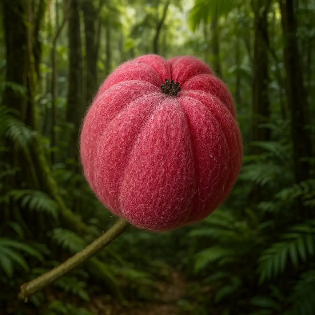 A close-up of a pink, velvety Blushwood Berry against the backdrop of a dense Australian rainforest. The berry is spherical with ridged segments, and the forest is lush with deep green foliage and tall trees, slightly blurred to emphasize the berry in the foreground.