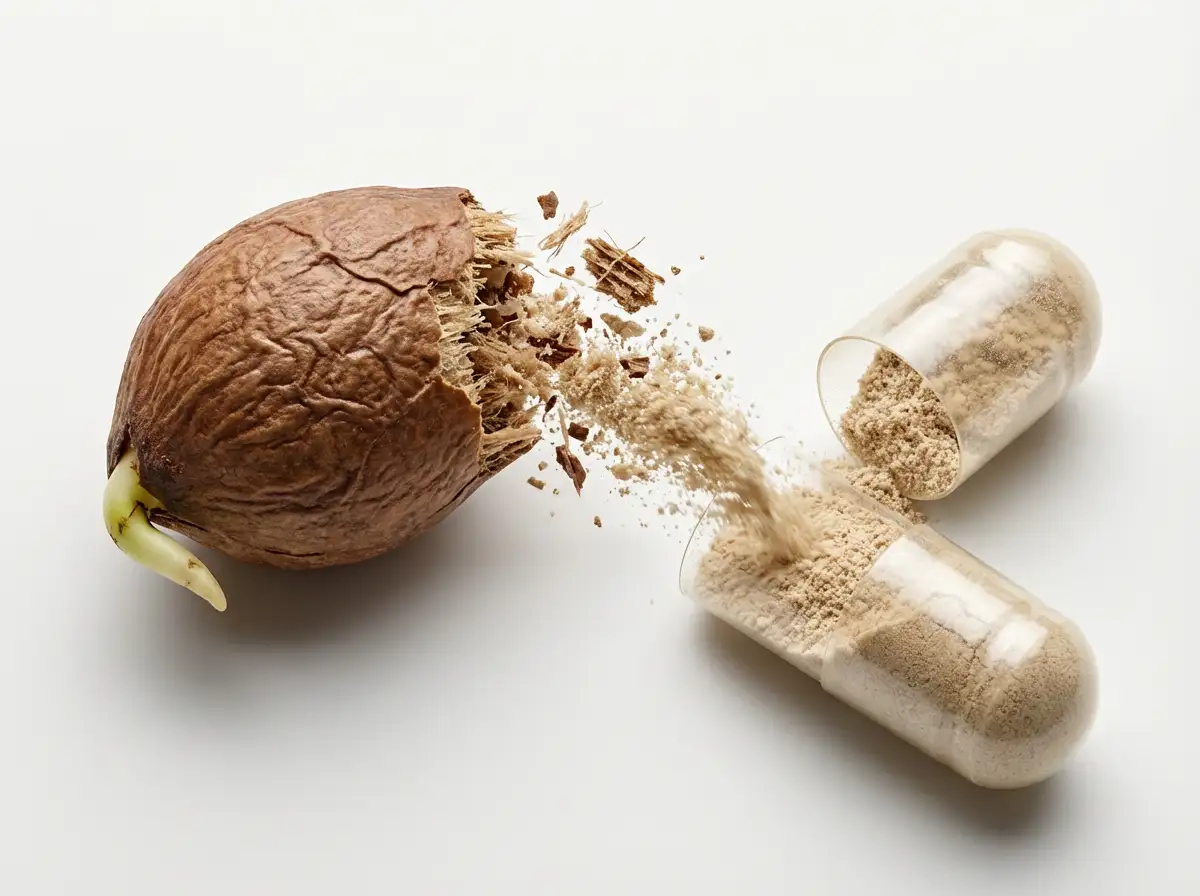 A cracked seed transforming into powder, filling a transparent capsule.