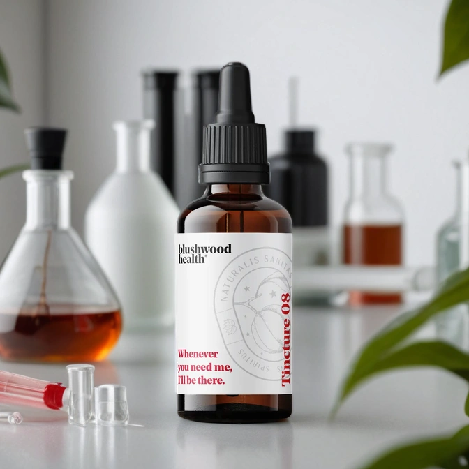 A brown dropper bottle labeled 'Tincture 08' on a table with laboratory glassware.