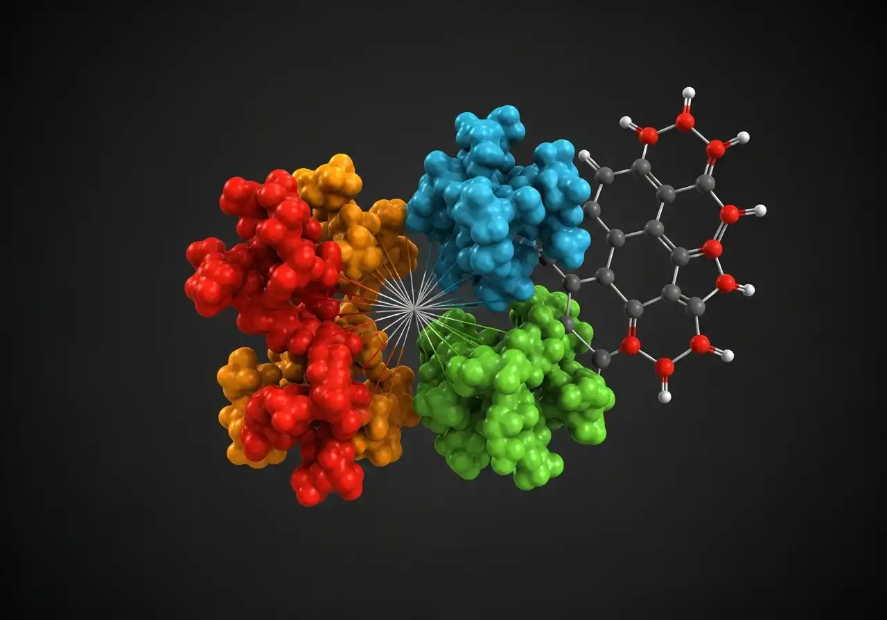 A high-resolution 3D rendering of a protein molecule featuring a cream-colored alpha-helix at the center, surrounded by connected atoms in red (oxygen), blue (nitrogen), and gray (carbon). The molecular structure is displayed against a dark blue background, ideal for educational or scientific visualization.