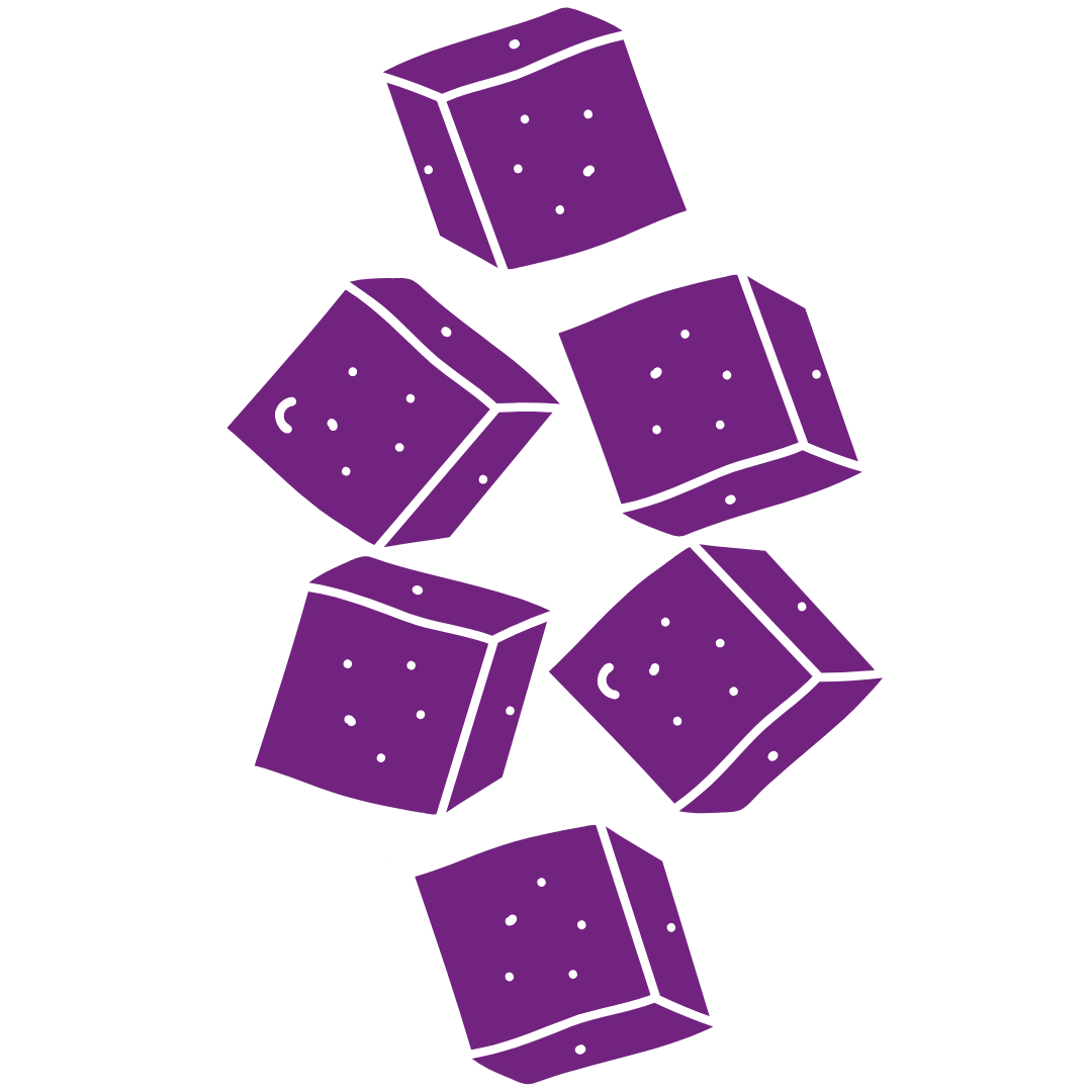 Illustration of six purple cubes with black dots on a black background.