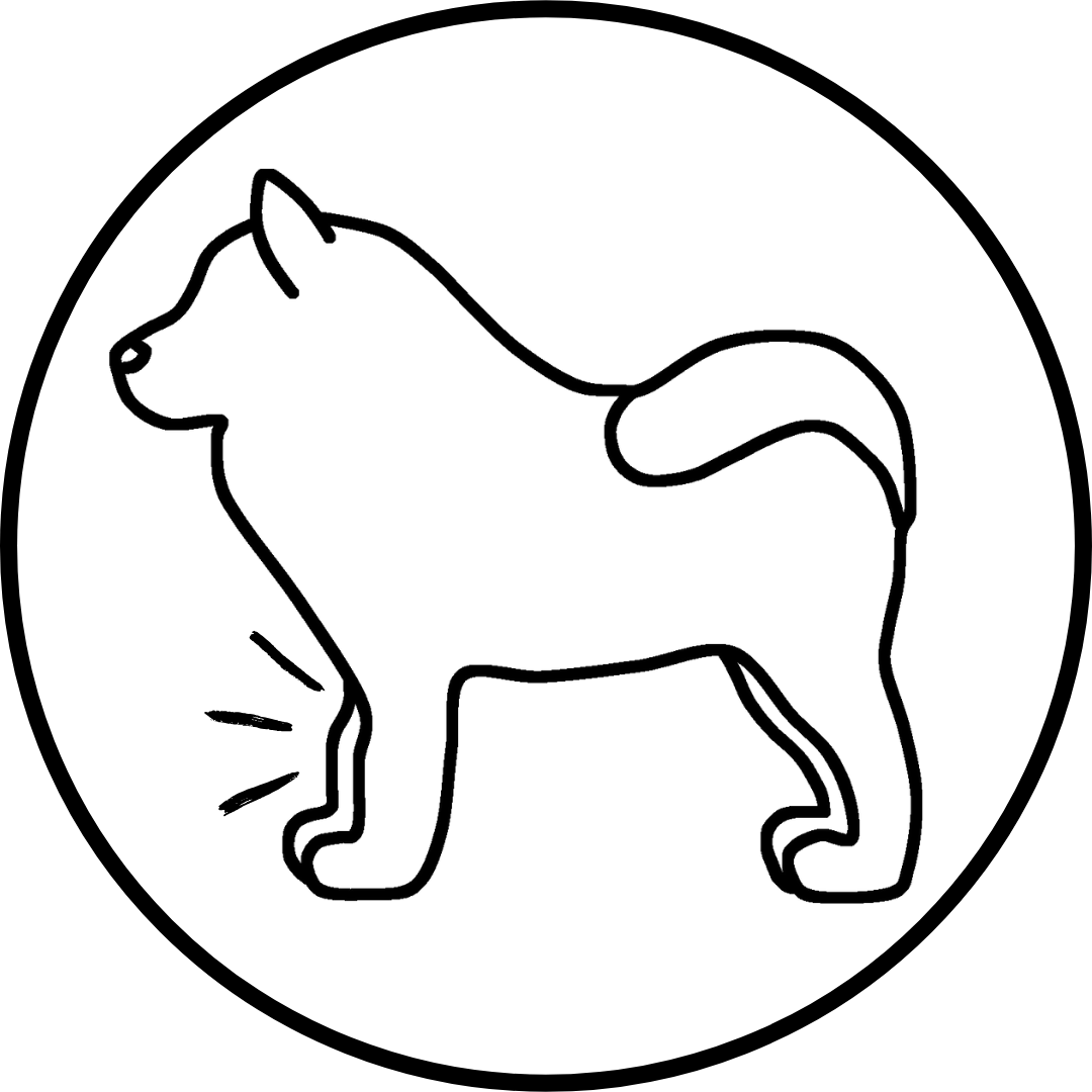 Outline of a dog inside a circle.