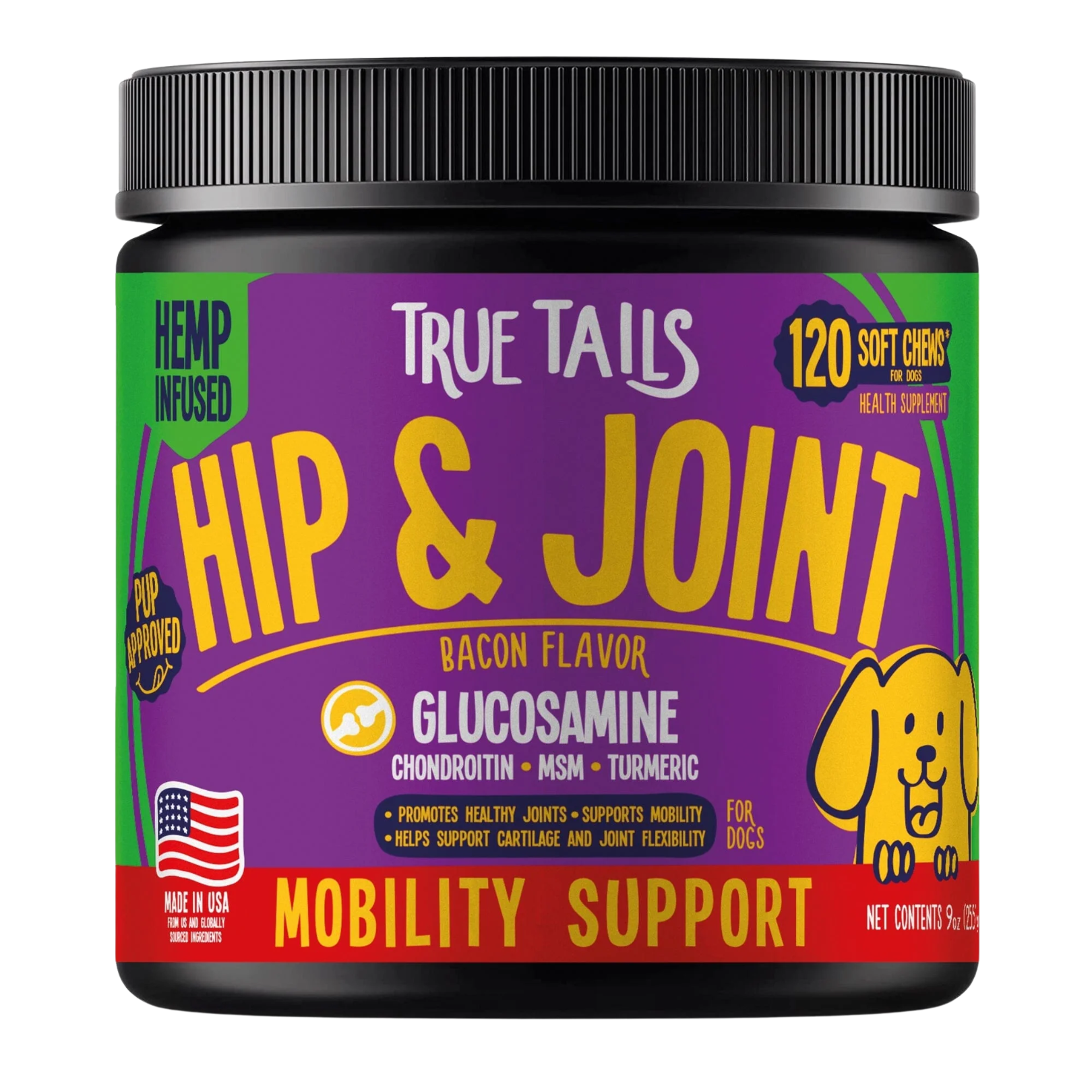 Container of True Tails Hip & Joint dog supplements, bacon flavor, with glucosamine and turmeric.