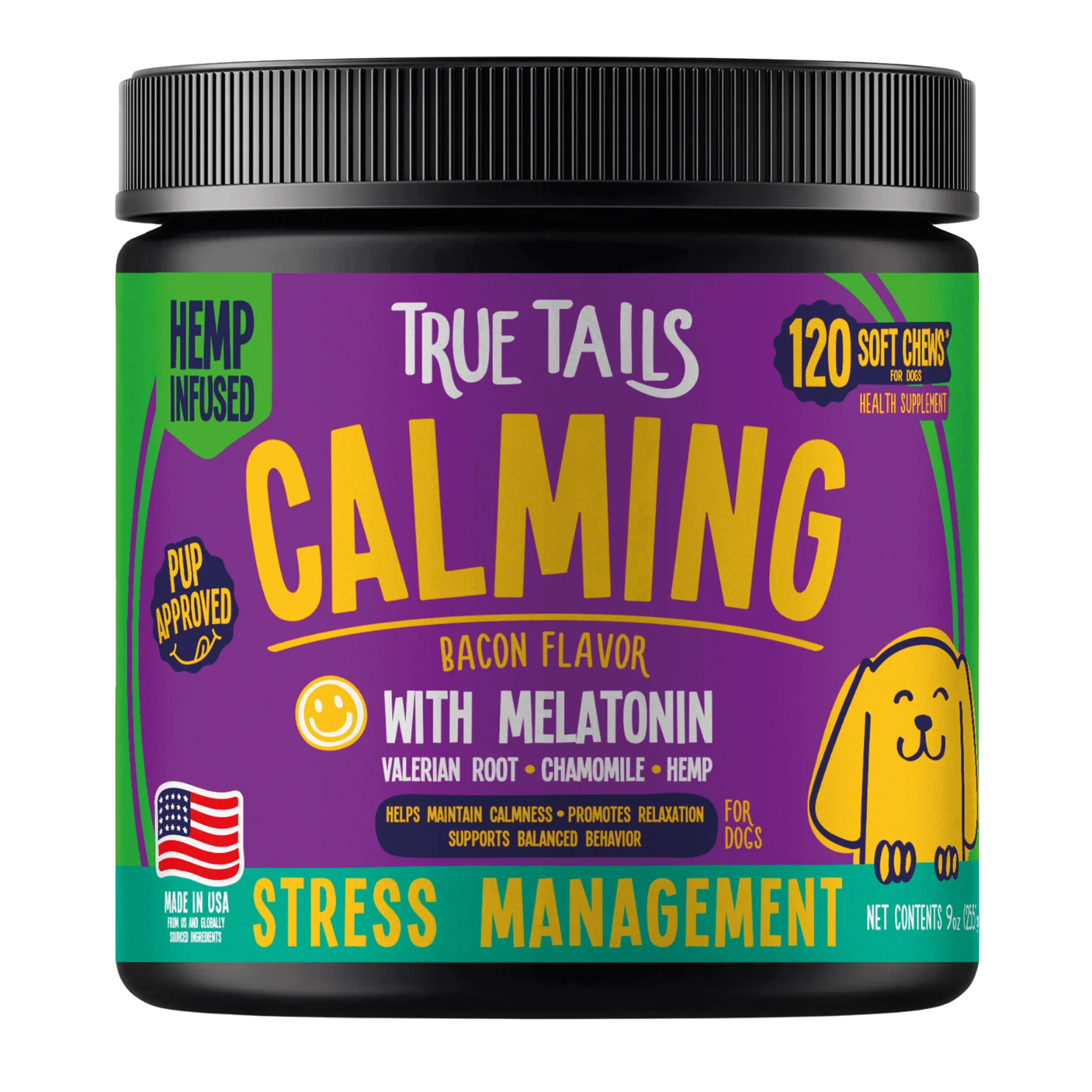 Purple container of dog calming chews with melatonin and hemp, labeled 'True Tails Calming.'