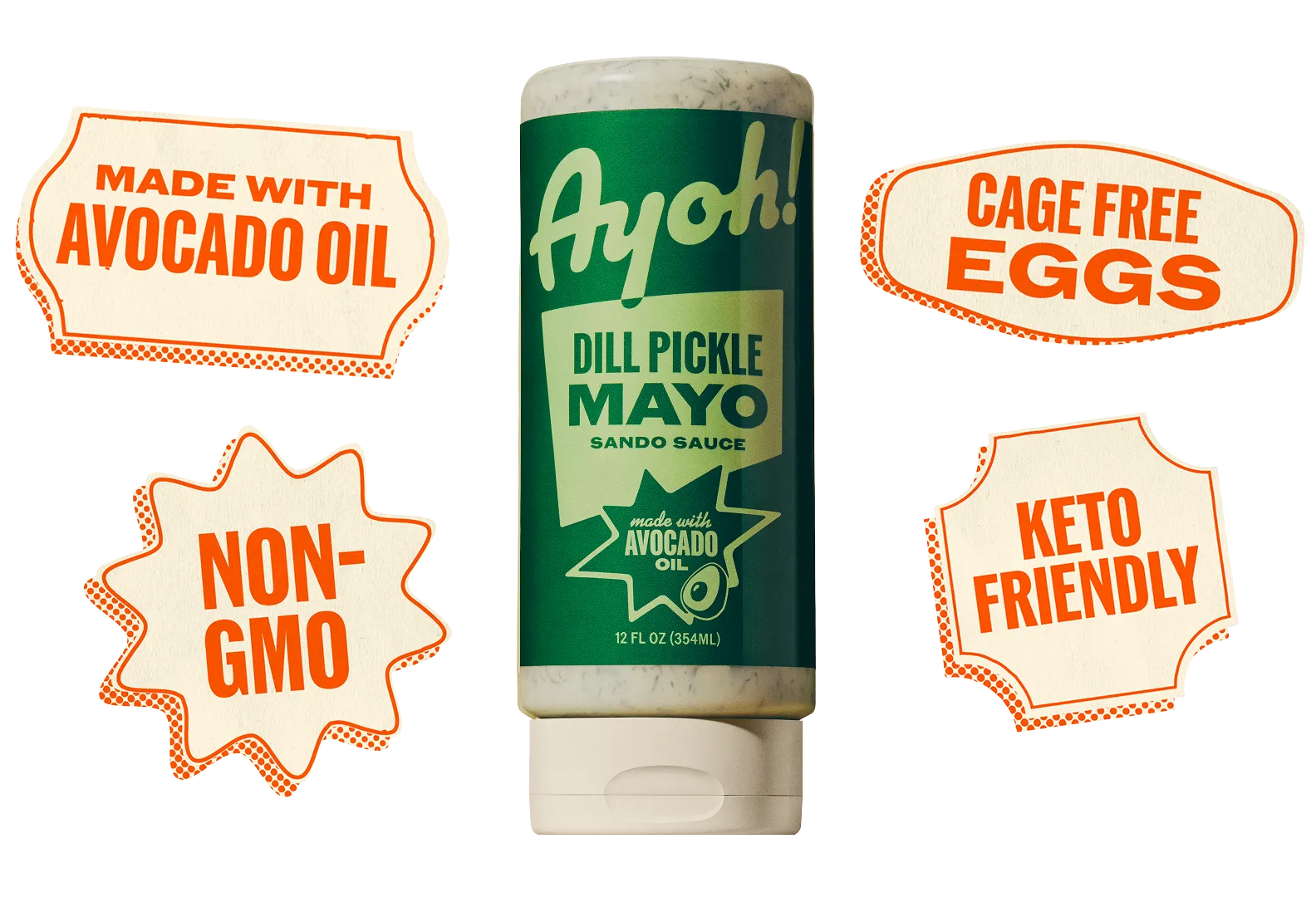 A squeeze bottle of Ayoh! Dill Pickle Mayo Sando Sauce surrounded by sticker-like callouts describing its features.