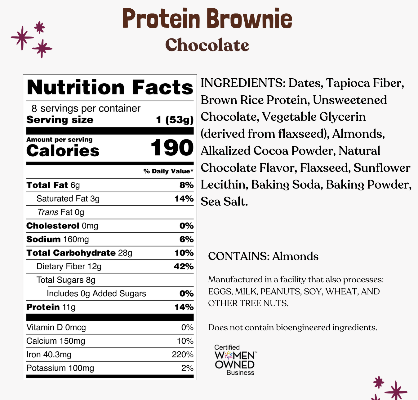Protein brownie nutrition facts and ingredients label with allergen information.