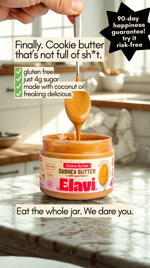 A jar of Elavi Cookie Butter Cashew Butter with a spoon and marketing text callouts for gluten-free, just 4g sugar, made with coconut oil, and freaking delicious.
