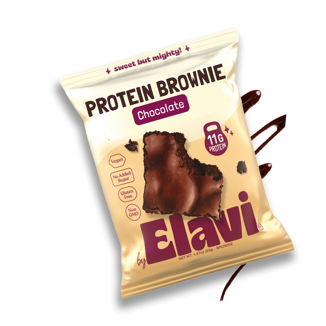 Package of chocolate protein brownie with 11g protein, labeled vegan, gluten-free, non-GMO.
