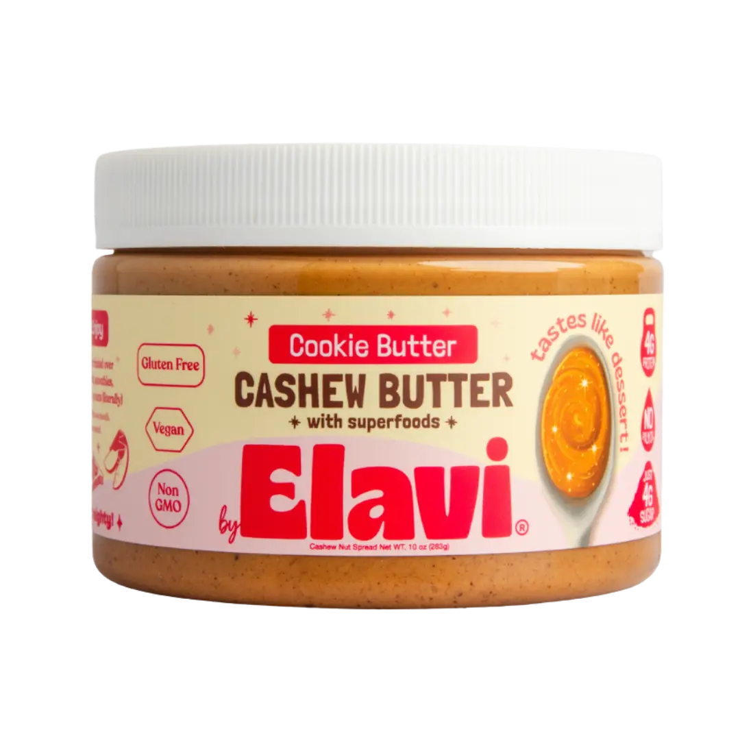 Jar of Elavi cashew butter labeled as cookie butter with superfoods.