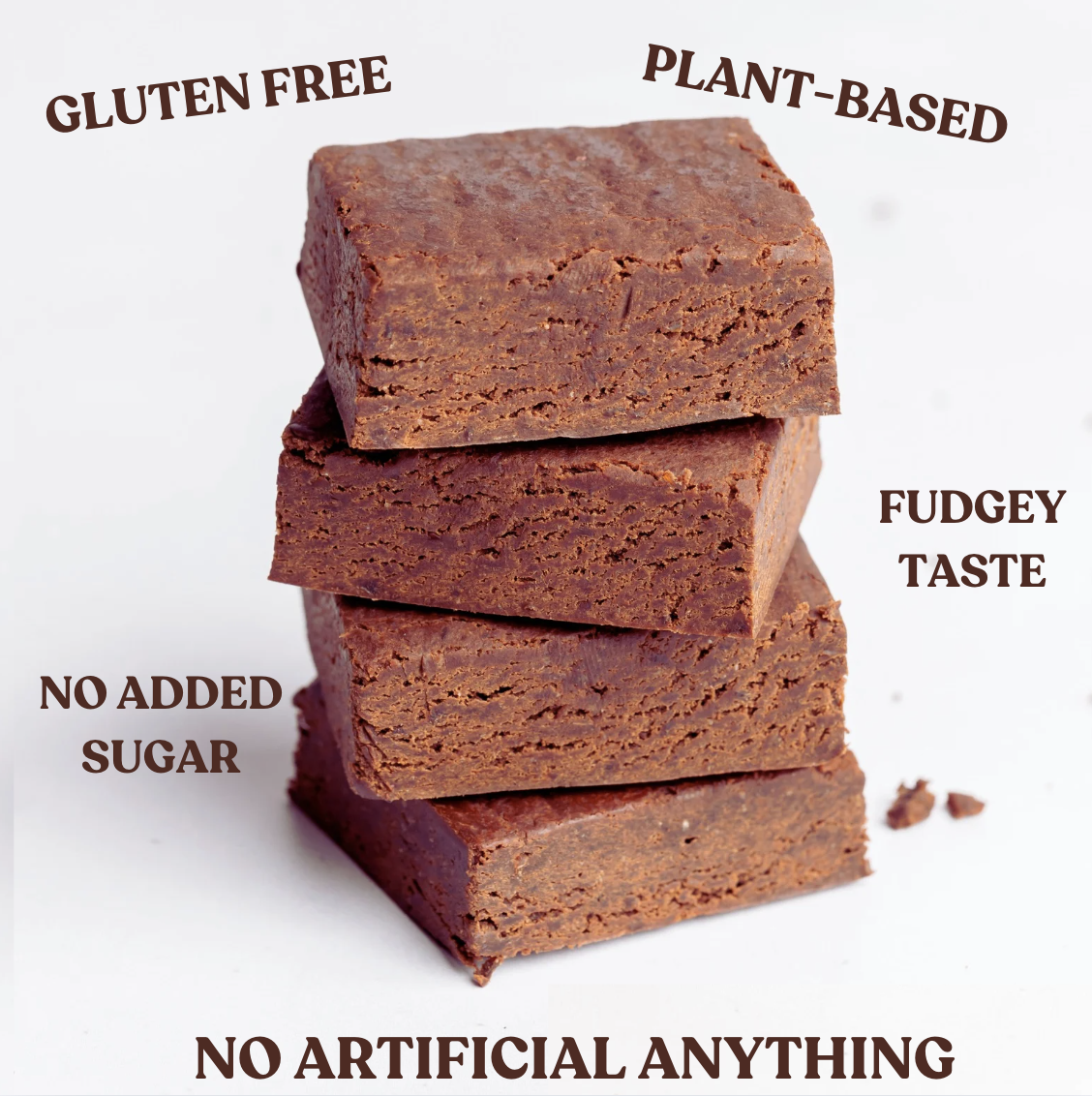 Stack of four chocolate brownies with text: gluten-free, plant-based, no added sugar, fudgy taste.