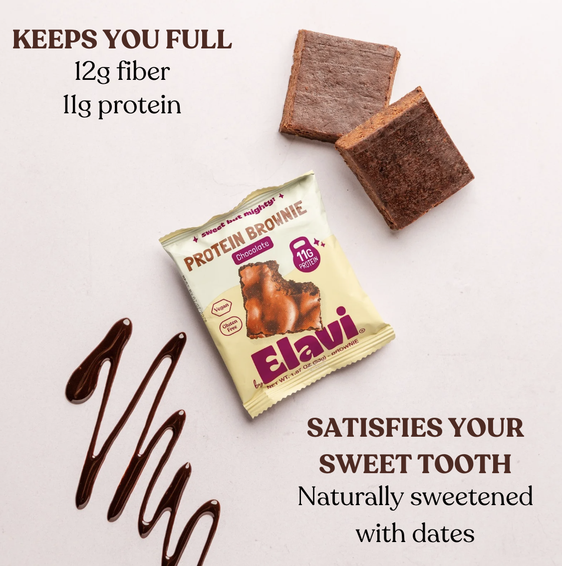 Protein brownie package with two brownies and chocolate drizzle on a white background.