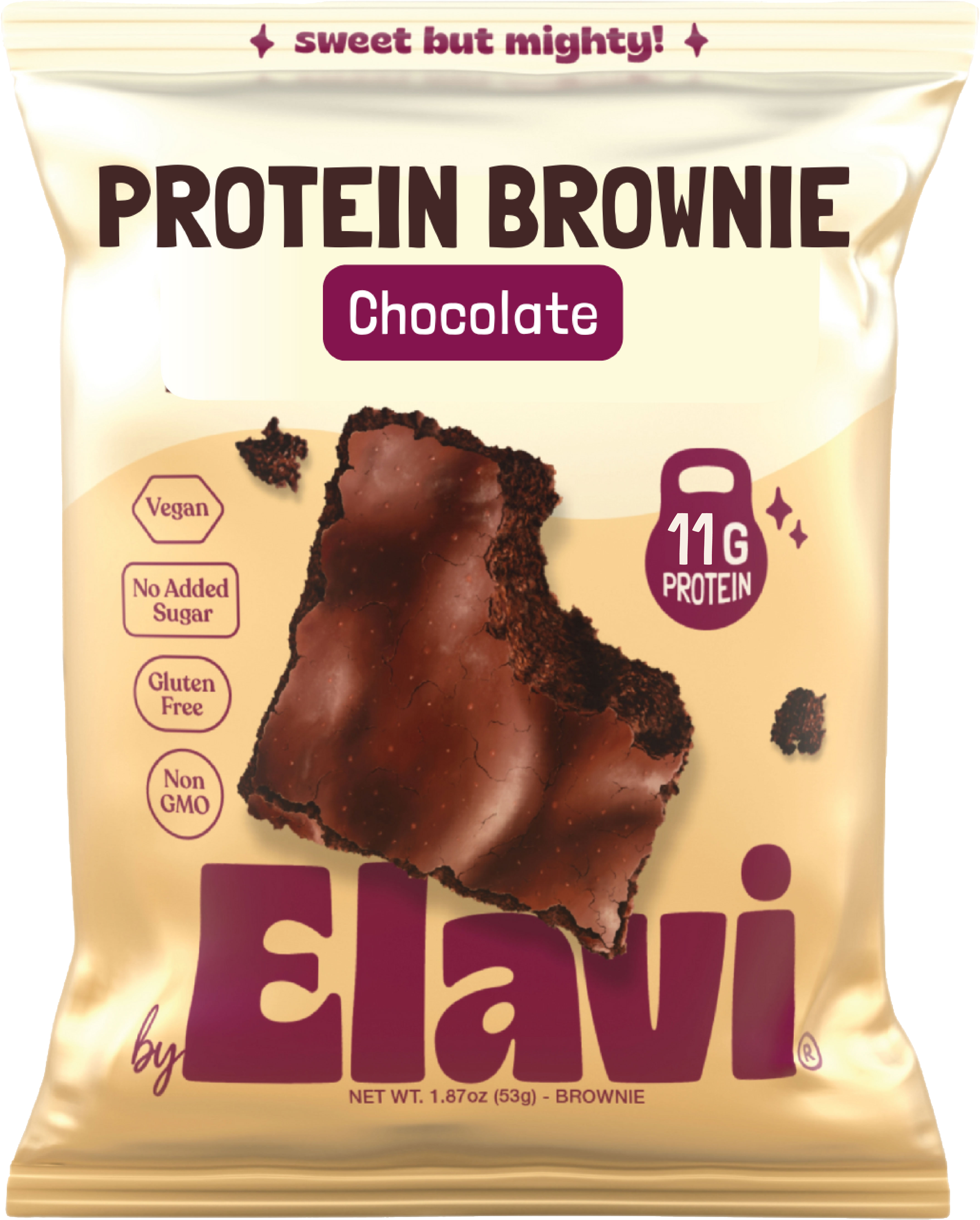 Protein brownie package with chocolate flavor, vegan, gluten-free, non-GMO, 11g protein.