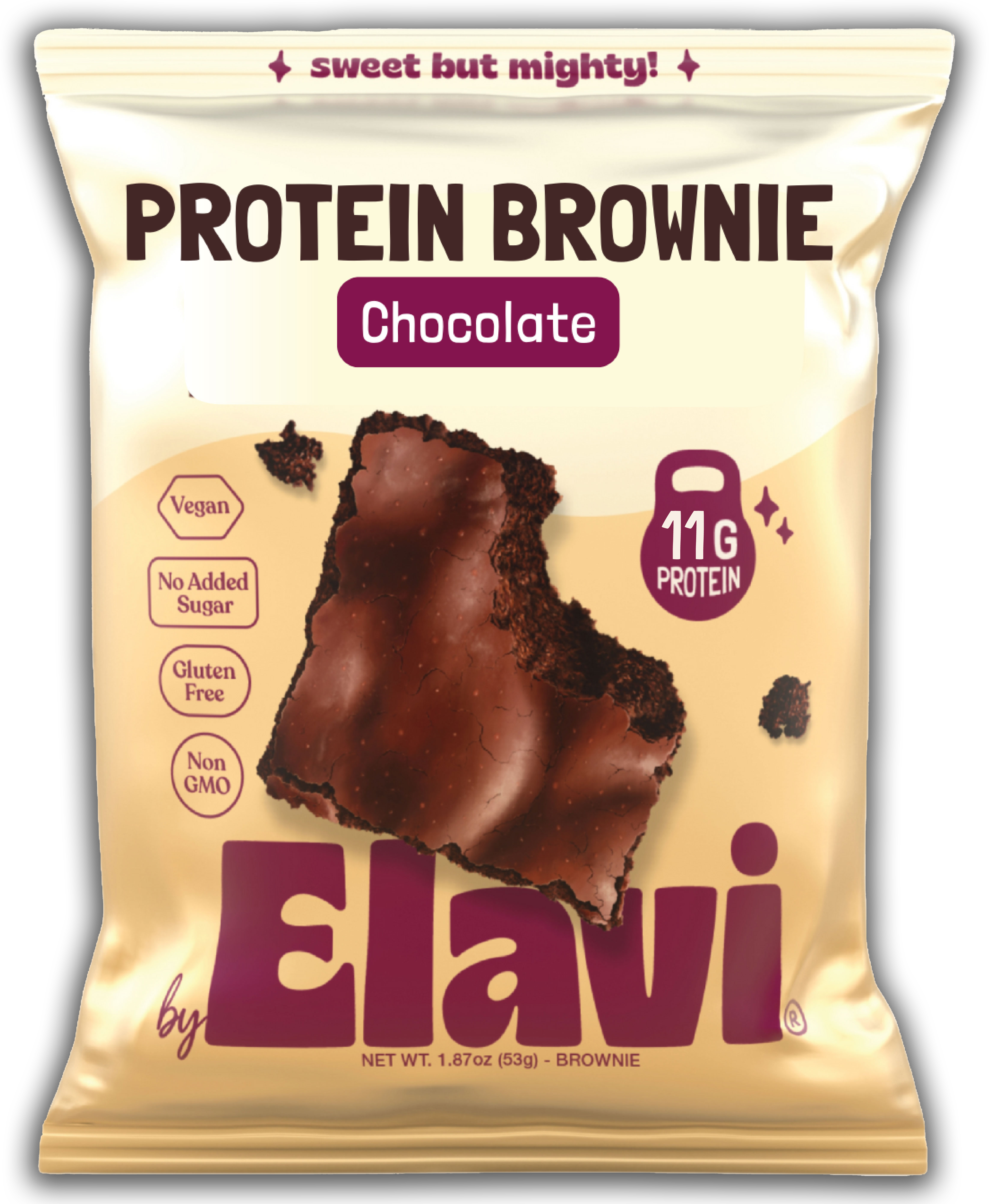 Package of Elavi chocolate protein brownie with nutritional labels.