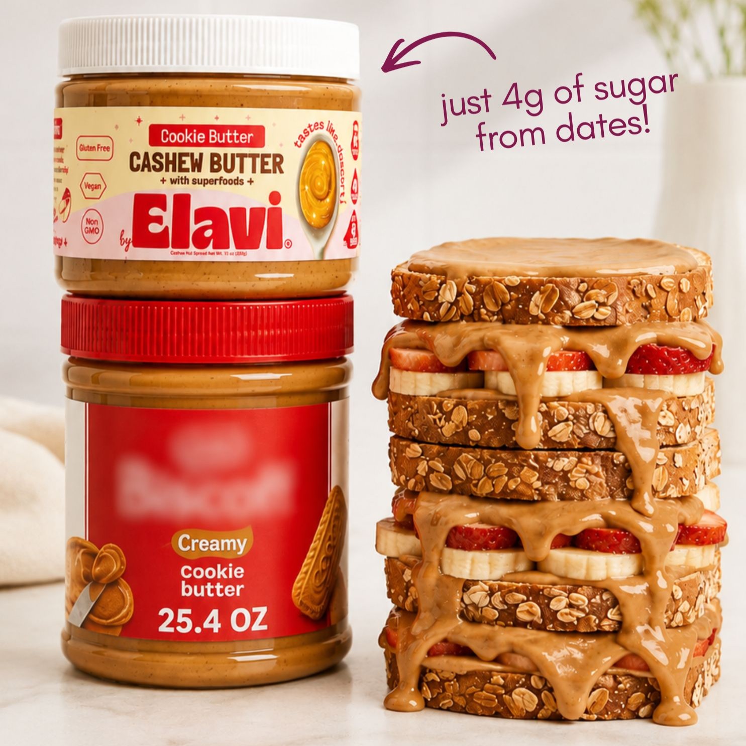 Elavi Cookie Butter flavored Cashew Butter stacked on top of a blurred out cookie butter spread that is full of sugar and poor ingredients.