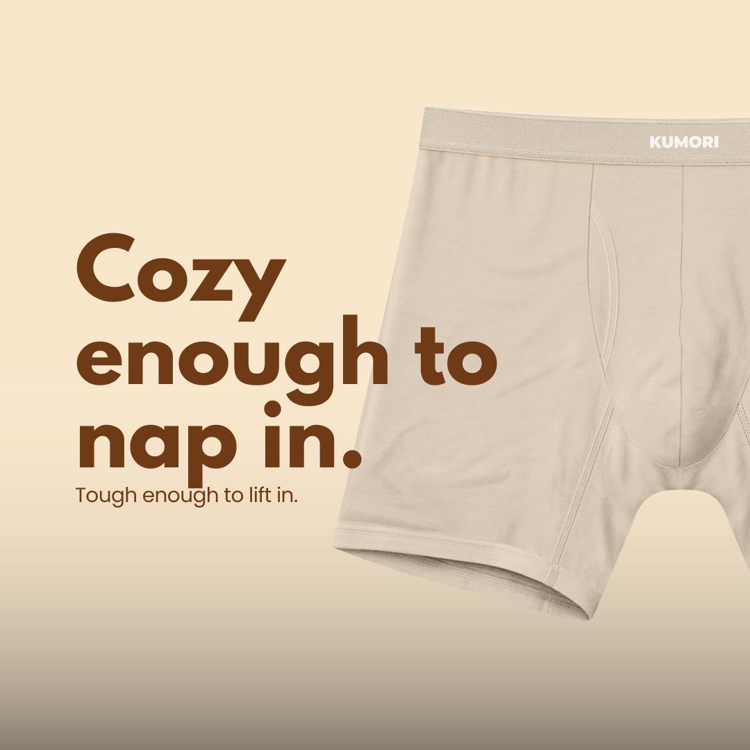 Beige underwear with text: 'Cozy enough to nap in. Tough enough to lift in.'