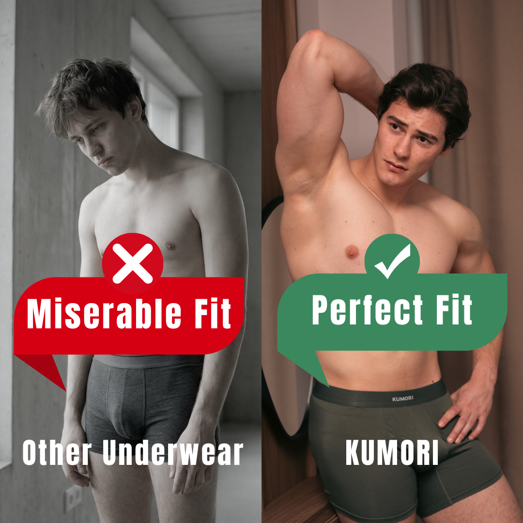 A side-by-side comparison of a man in ill-fitting underwear versus a man in well-fitting Kumori underwear.