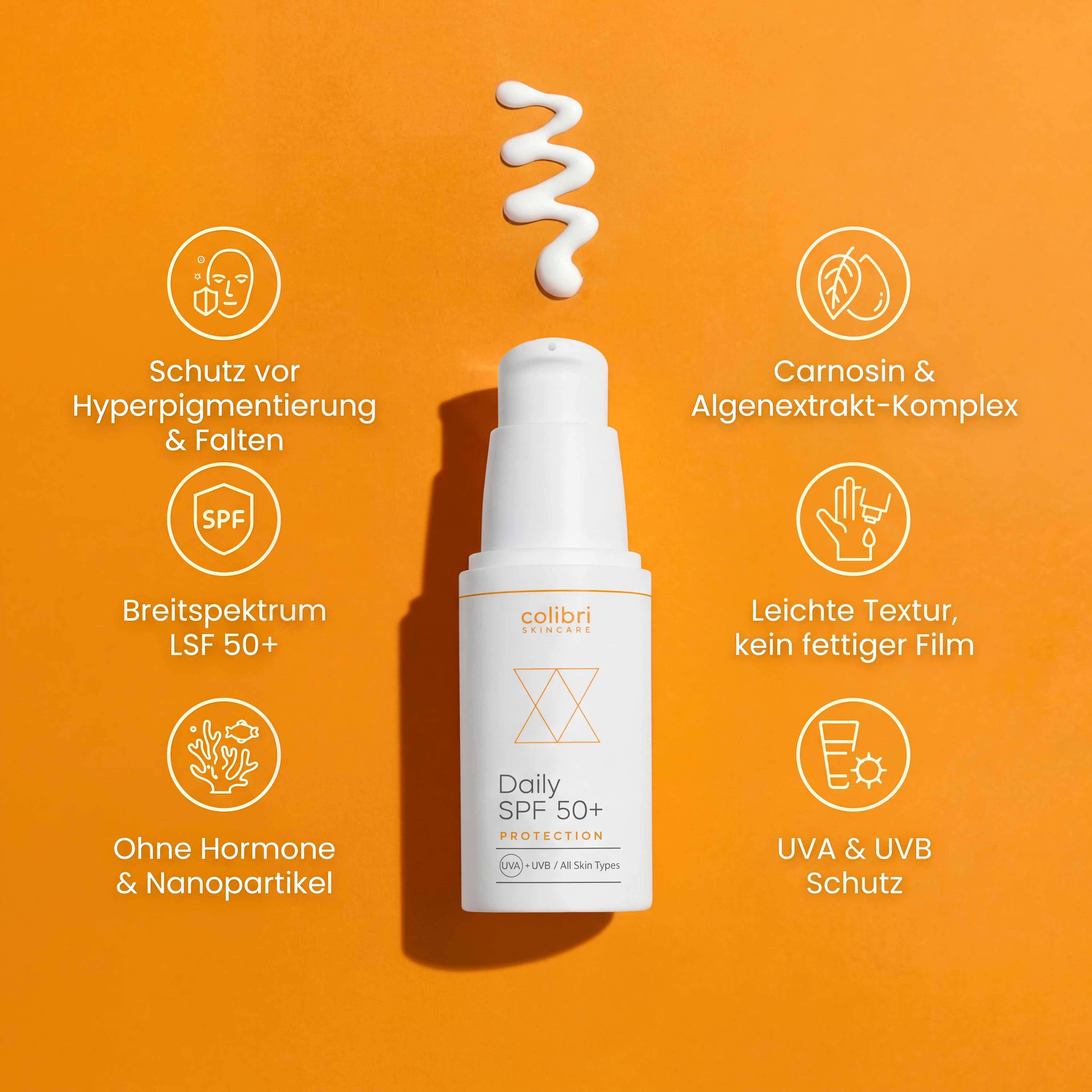 A bottle of Colibri Skincare SPF 50+ sunscreen on an orange background, surrounded by benefit icons and text.