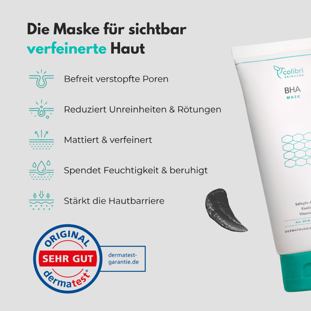 Product packaging and benefits text for skincare mask in German.