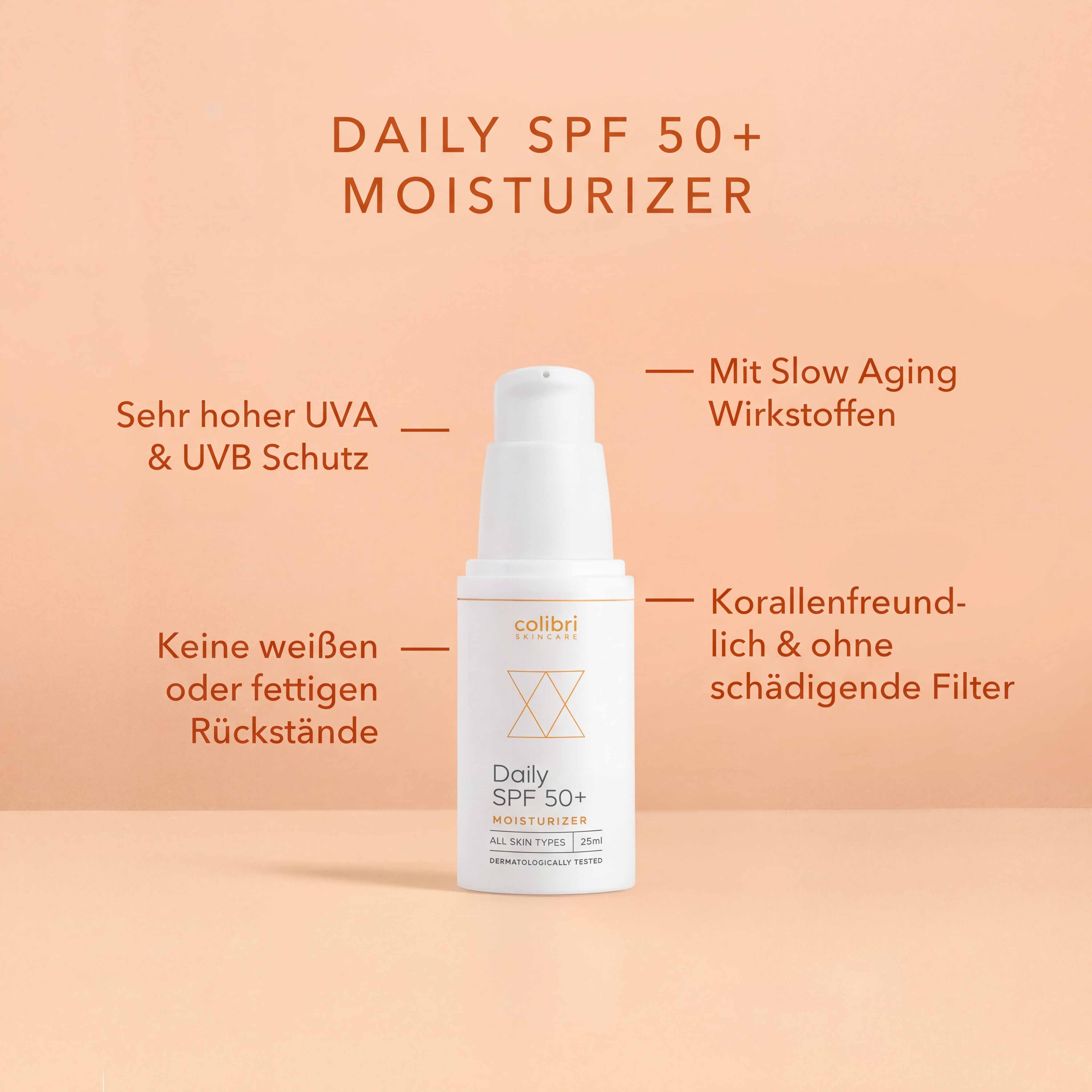A bottle of Colibri Skincare Daily SPF 50+ Moisturizer with German text highlighting its benefits.
