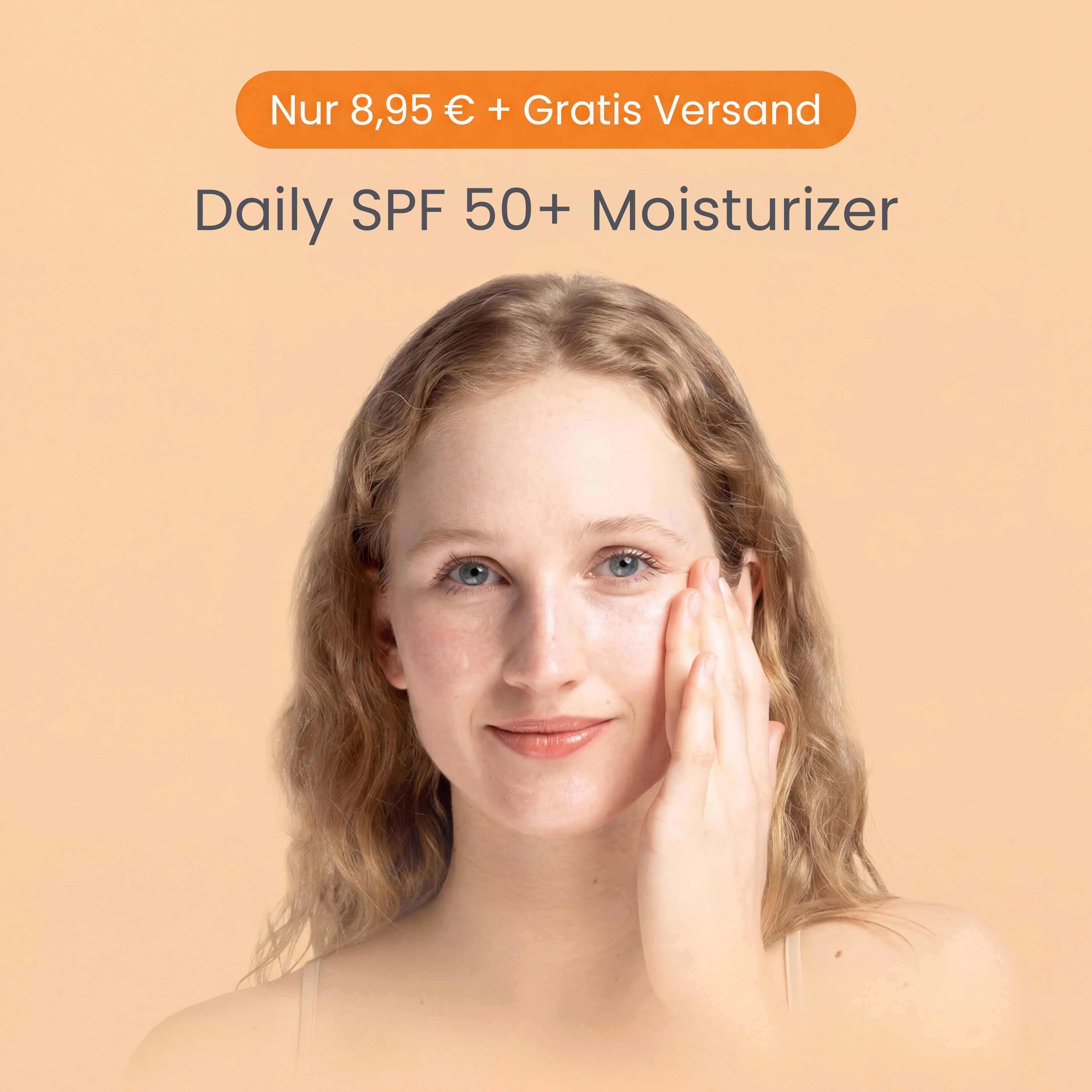 A woman with blonde hair smiles while applying moisturizer to her face under text advertising the product.