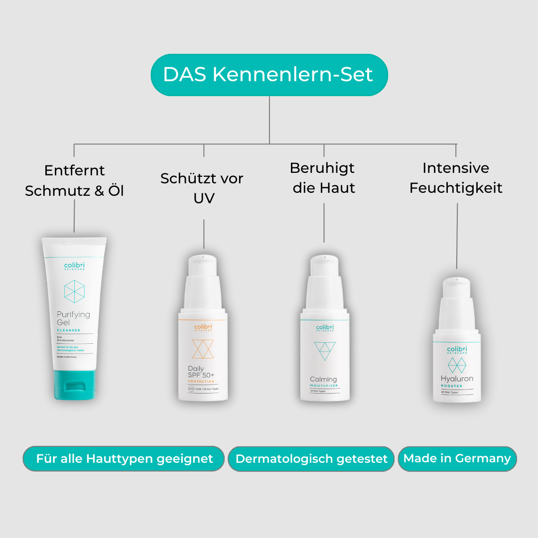 Four skincare products with descriptions in German.