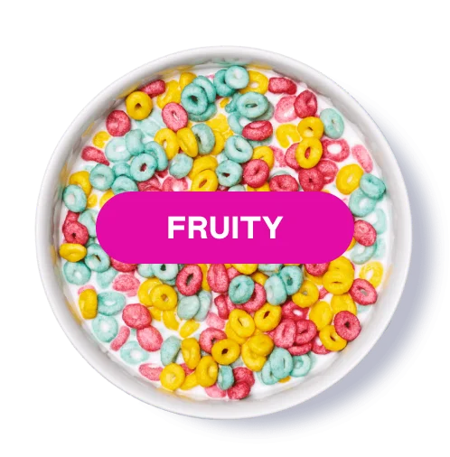 Bowl of colorful cereal with 'FRUITY' text overlay.