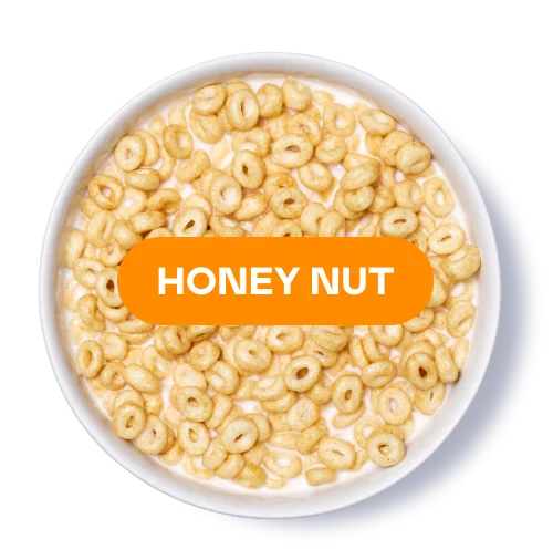 Bowl of cereal with 'Honey Nut' label on top.