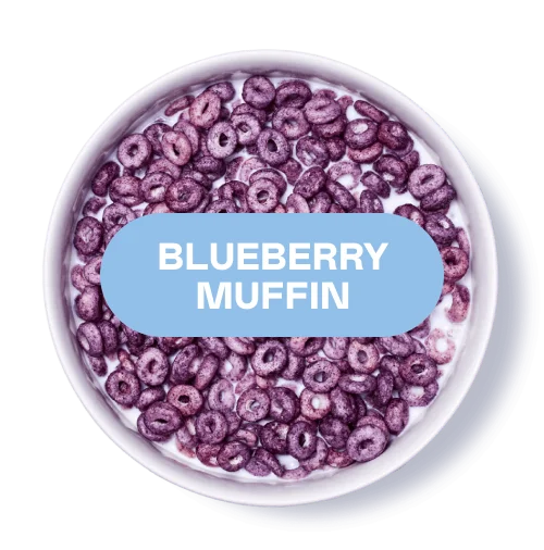 Bowl of purple cereal labeled 'Blueberry Muffin' on a white background.